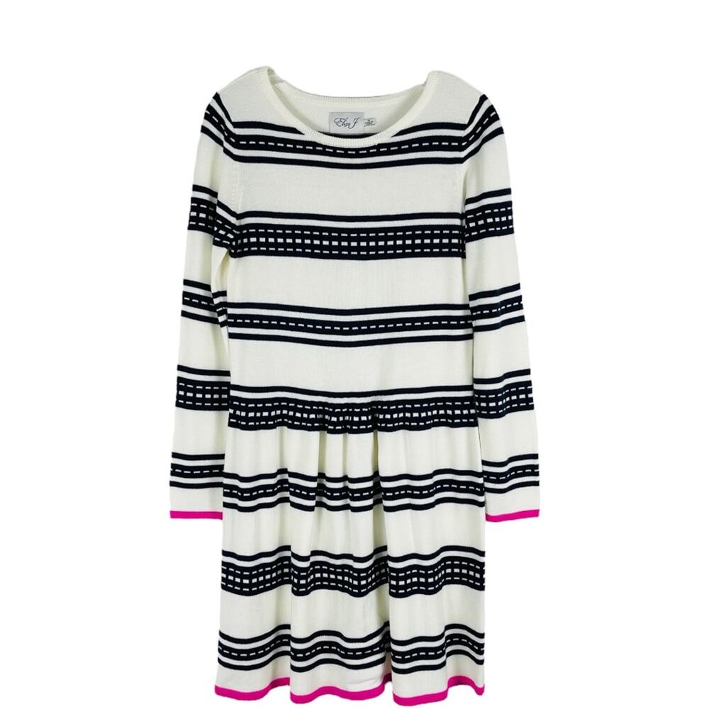 Eliza J cream blue pink striped preppy knit sweater midi pleated dress medium